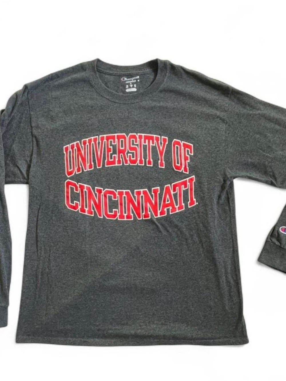 Champion Gray Long Sleeve University of Cincinnati Tee with Red Lettering